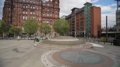 Metro Tram passing Peterloo Massacre Monument, Manchester, Lancashire, England Stock Footage 273993883