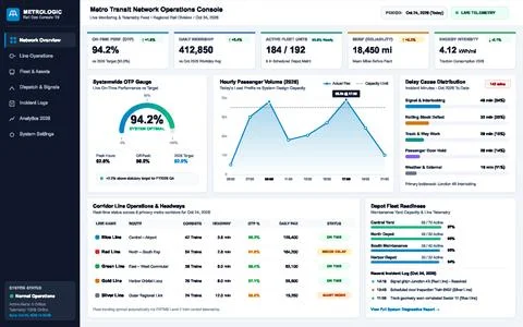 Metro Transit Network Operations Console with Live Data Analytics Dashboard Stock Illustration