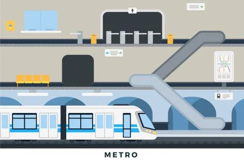 Metro vector illustration in flat design. City metro station platform and Stock Illustration