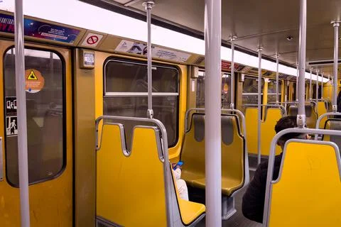 A metro wagon from inside with empty seats in Brussels Stock Photos