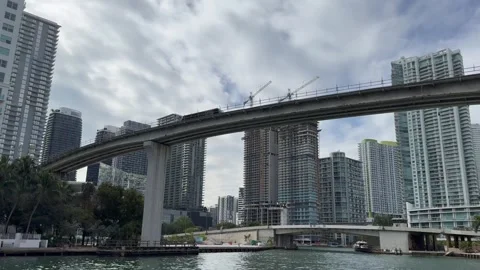 The Metromover train is crossing bridge above Miami River. Downtown Miami Stock Footage 328348305