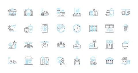 Metropolis linear icons set. Cityscape, Urbanite, Skyscraper, Cosmopolitan Stock Illustration
