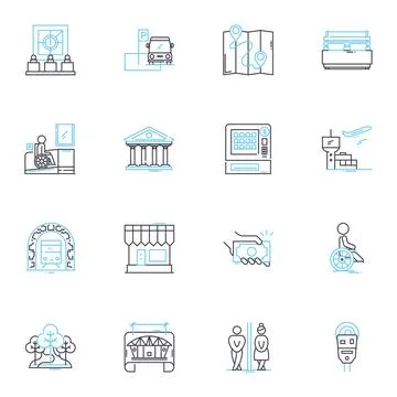 Metropolis linear icons set. Cityscape, Urbanite, Skyscraper, Cosmopolitan Stock Illustration
