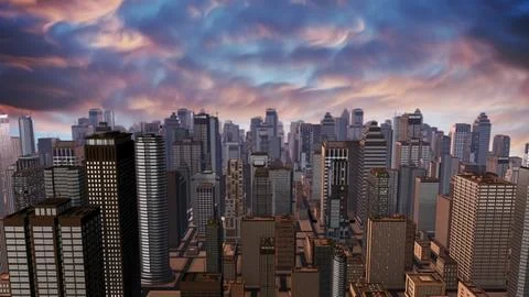 Metropolis skyline reaching for dramatic cloudy sunset sky Stock Illustration