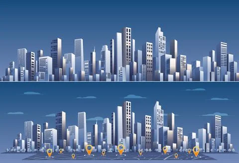 Metropolis skyscrapers with perspective map grid and gps pins. Night city Stock Illustration