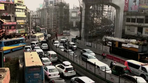 Metrorail project progressing in the city of Dhaka and traffic jam time laps . Stock Footage 147866429