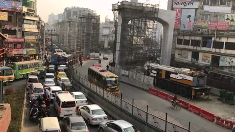 Metrorail project progressing in the city of Dhaka and traffic jam time laps . Stock Footage 147866541