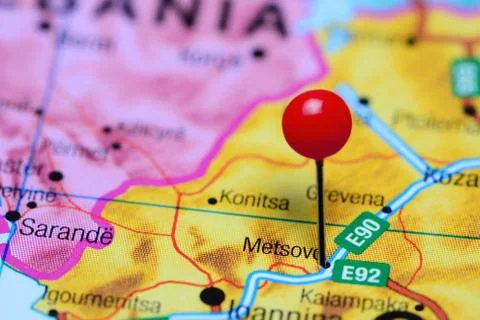 Metsovo pinned on a map of Greece Stock Photos