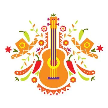 Mexia, guitar and various elements Stock Illustration