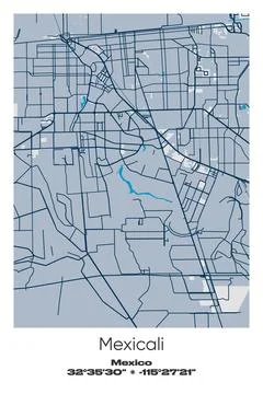 Mexicali, Mexico - vector map of city in Blue, Gray, Yellow, Olive colors Stock Illustration
