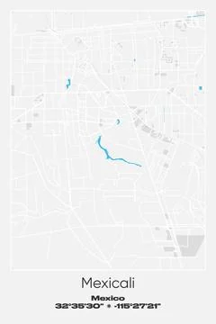 Mexicali, Mexico - vector map of city in Gray, white, blue colors Stock Illustration