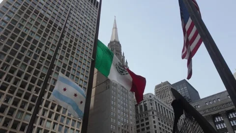 Mexican, American, and Chicago Flags Stock Footage 332503577