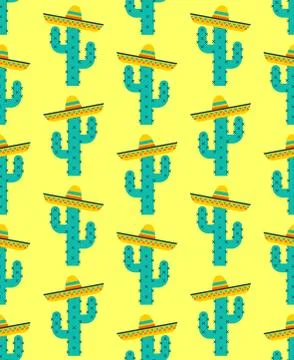 Mexican background. Cactus in sombrero pattern seamless. vector texture イラスト素材