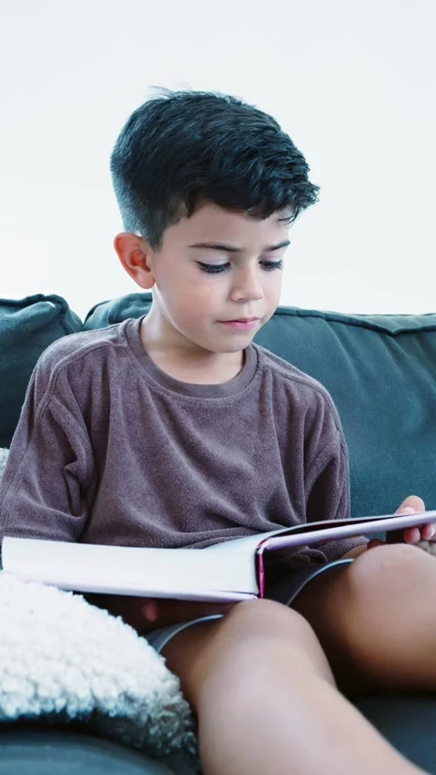 Mexican Boy Reading a Book on the Sofa, Learning at Home Stock Footage 277222266