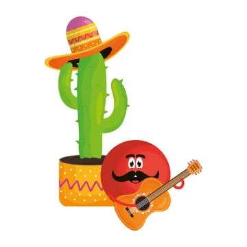 Mexican cactus with hat and guitar comic character Stock Illustration