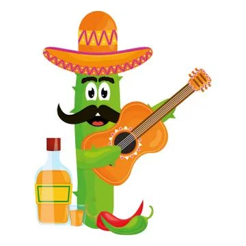 Mexican cactus with hat and guitar comic character Stock Illustration