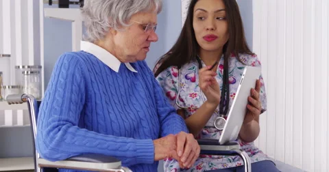 Mexican caregiver talking with tablet with elderly patient Stock-Footage 44487096