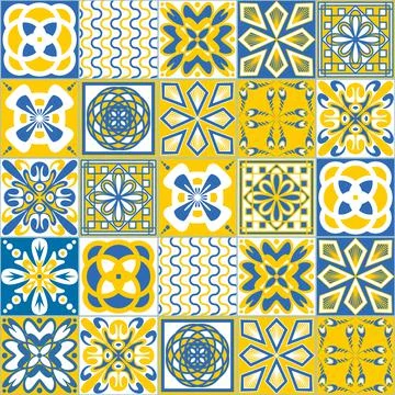Mexican Ceramic Tile, Blue Yellow White Contrast Color, Azulejo Tile for Wall Ilustración de archivo