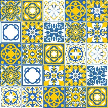 Mexican Ceramic Tile, Blue Yellow White Contrast Color, Azulejo Mosaic Tile f Stock Illustration