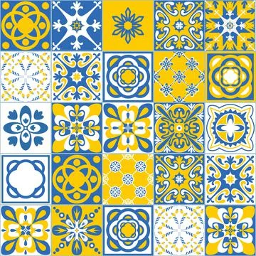 Mexican Ceramic Tile, Blue Yellow White Contrast Color, Azulejo Mosaic Tile f Stockillustratie
