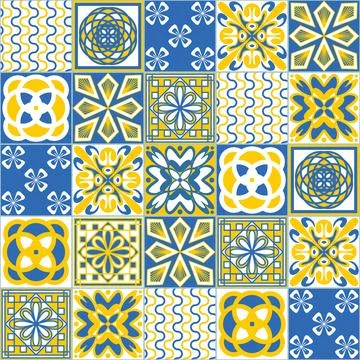 Mexican Ceramic Tile, Blue Yellow White Color, Azulejo Mosaic Tile for Wall D Stock Illustration