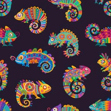 Mexican chameleon animals seamless pattern Illustrazione stock