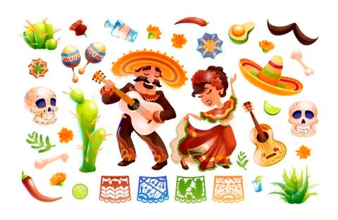 Mexican characters and objects set. Mexico symbols Stock Illustration
