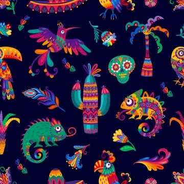 Mexican characters objects seamless pattern Illustrazione stock