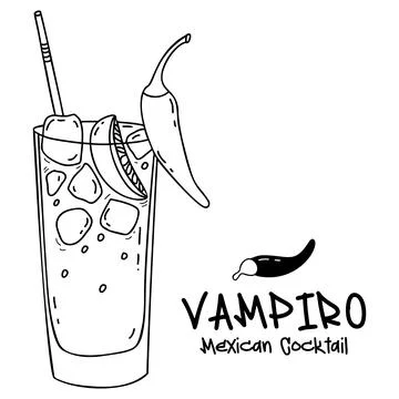 Mexican cocktail Vampiro. Alcoholic drink with tequila, ice cubes, lime pie.. Stock Illustration