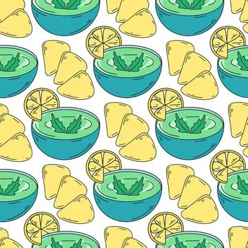 Mexican cold appetizer avocado with chips seamless pattern Illustrazione stock