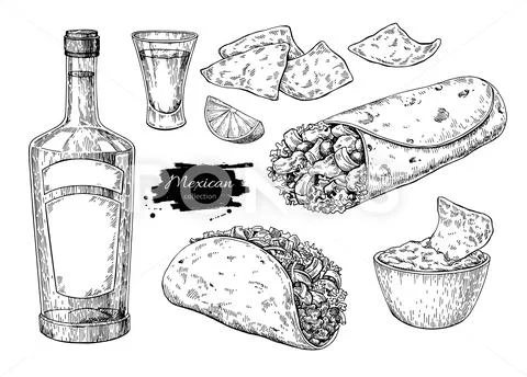 Mexican cuisines drawing. Traditional food and drink vector illu Stock Illustration