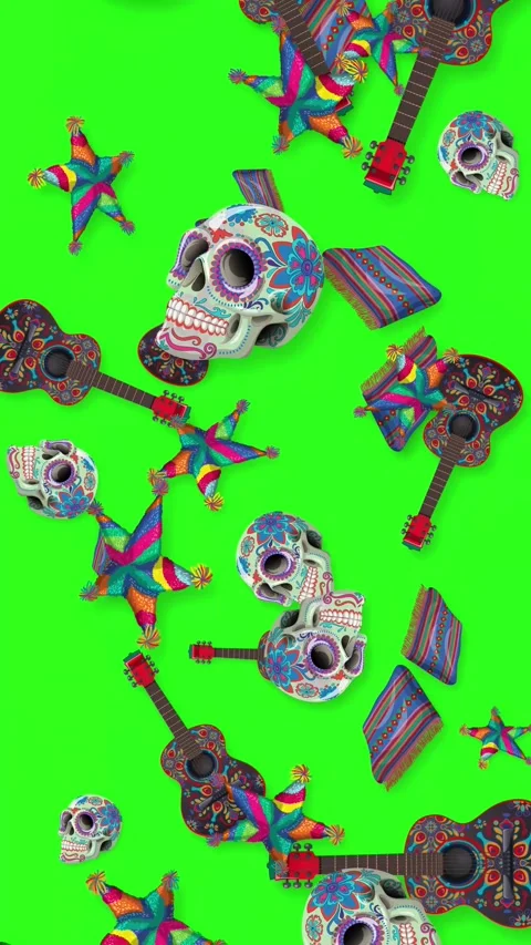Mexican Cultural Objects Falling on Green Screen Background Stock Footage 347357808