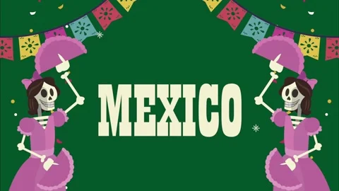Mexican day of the dead animation featuring catrina skeletons and festive b.. Vídeo Stock 338401268