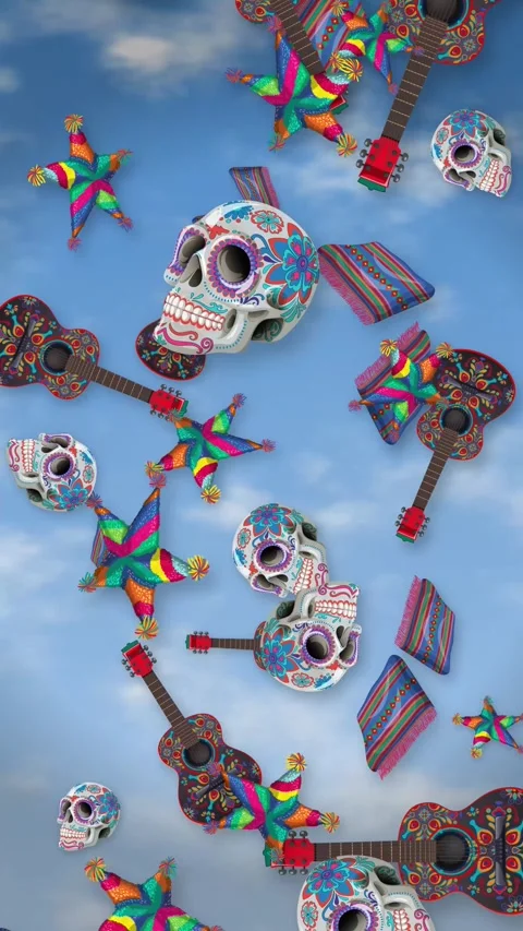 Mexican Day of the Dead Elements Falling Against Blue Sky Vertical Animation Stock Footage 348124593