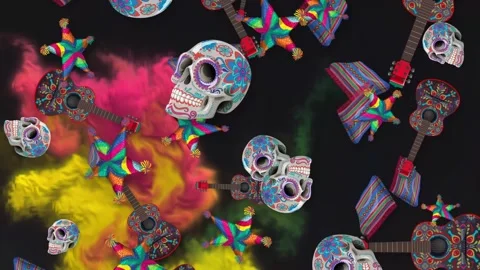 Mexican Day of the Dead Elements Falling Over Colorful Smoke Background Stock Footage 348124646