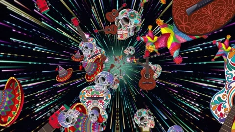 Mexican Day of the Dead Elements Flying in Hyperspace Tunnel Animation Stock Footage 347357649