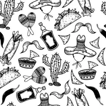 Mexican day of the dead elements seamless vector pattern. Hand-drawn Stock Illustration