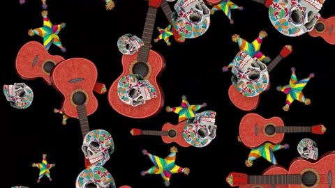 Mexican Day of the Dead Objects Falling on Black Background Stock Footage 347935443