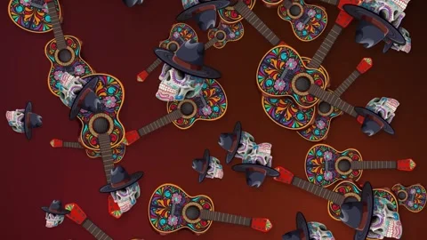 Mexican Day of the Dead Pattern with Guitars and Sugar Skulls Stock Footage 347428699