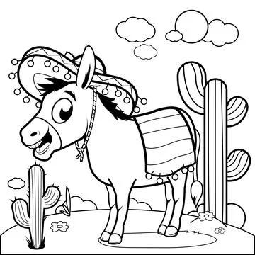 Mexican donkey in the desert. Vector black and white coloring page. Stock Illustration