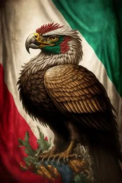 Mexican eagle standing on a rock with flag background Stock Illustration