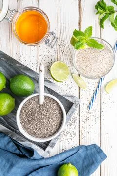 Mexican Energizing drink, Chia Fresca made from water, seeds, lime Stock Photos