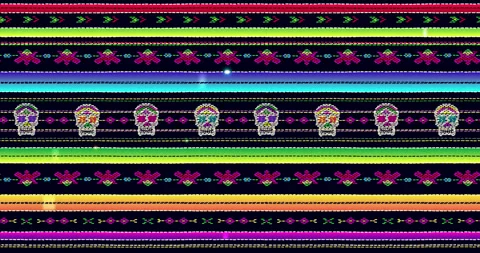 Mexican fabric textile seamless pattern with colorful stripes Catrina`s skull. Stock Footage 149404216