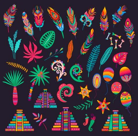 Mexican feathers, bones, palms, pyramids, peppers イラスト素材