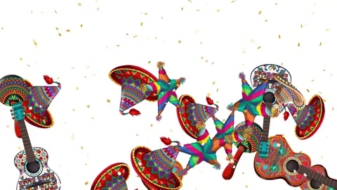 Mexican Fiesta Fiesta Objects Bouncing and Exploding on White Background Видео 347935454