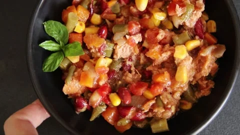 Mexican Fish Salad red beans, corn, green beans, carrots, and bell peppers 스톡 동영상 346383435
