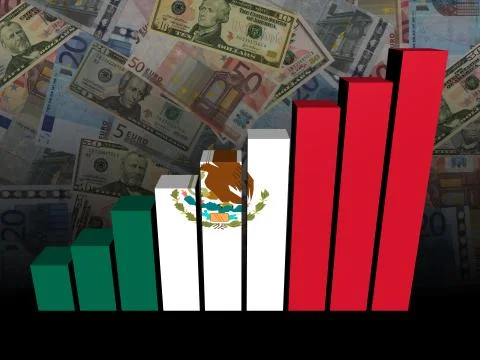 Mexican flag bar chart over dollars and Euros background illustration Illustrazione stock