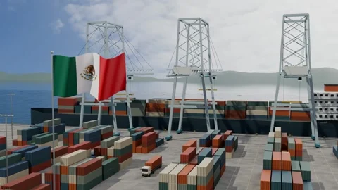 Mexican Flag Flying Over Container Port Terminal Cranes seamless loop Stock Footage 345129354