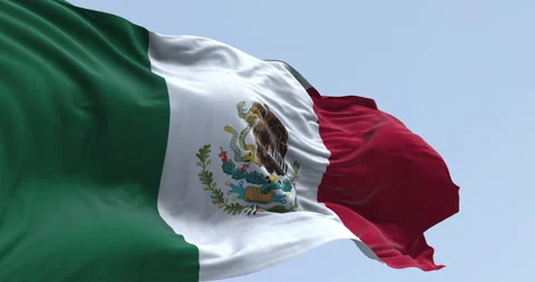The Mexican flag with its coat of arms waving against a blue sky. Stock Footage 345573425