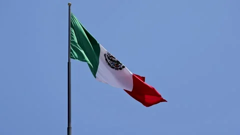 Mexican Flag Waving Against Clear Blue Sky Plaza De Independencia Queretaro Stock Footage 343698115